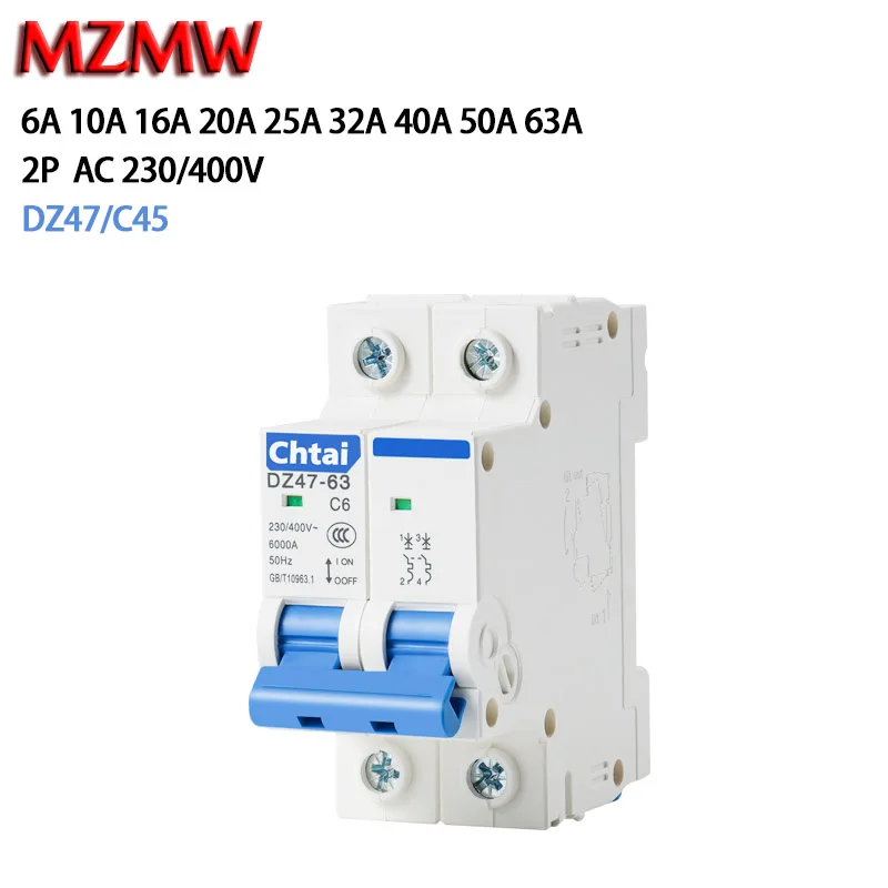 DZ47-63 C45 2P 6A 10A 16A 20A 25A 32A 40A 50A 63A 220V/230V 400V AC MCB C Curve Type Din Rail Mini Circuit Breaker Air Switch