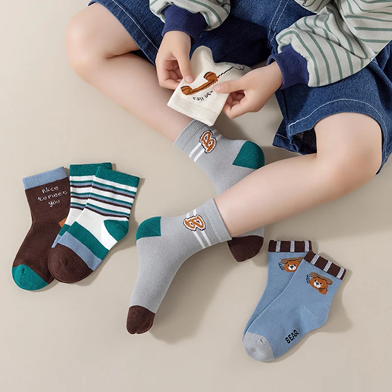 Five-piece set of boys' autumn and spring phone teddy socks, soft, comfortable and skin-friendly mid-calf socks, versatile