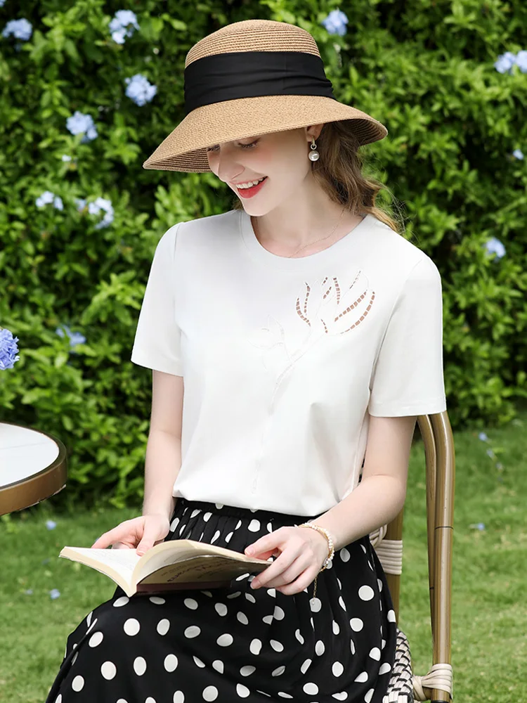 I BELIEVE YOU Top per donna Nuova maglietta estiva Slim Fit Bianco Scava fuori Ricamo Girocollo Top da pendolarismo 2252016035