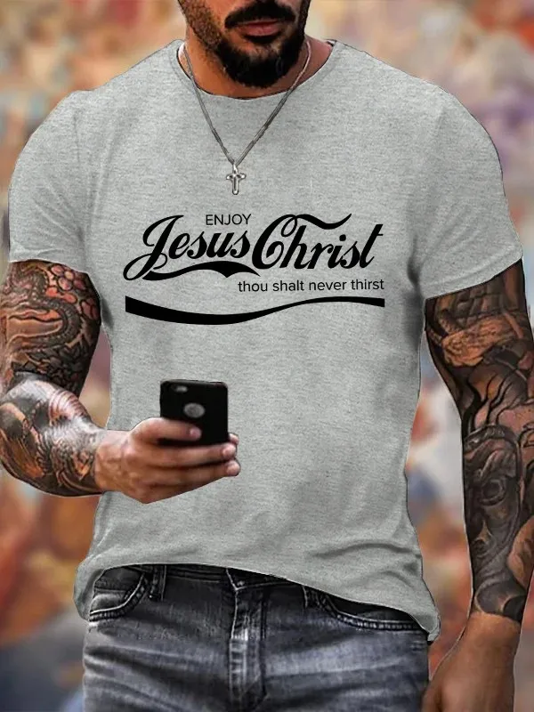 T-shirt à col rond pour homme, coton, texte et lettres, profiter de Jésus-Christ, décontracté