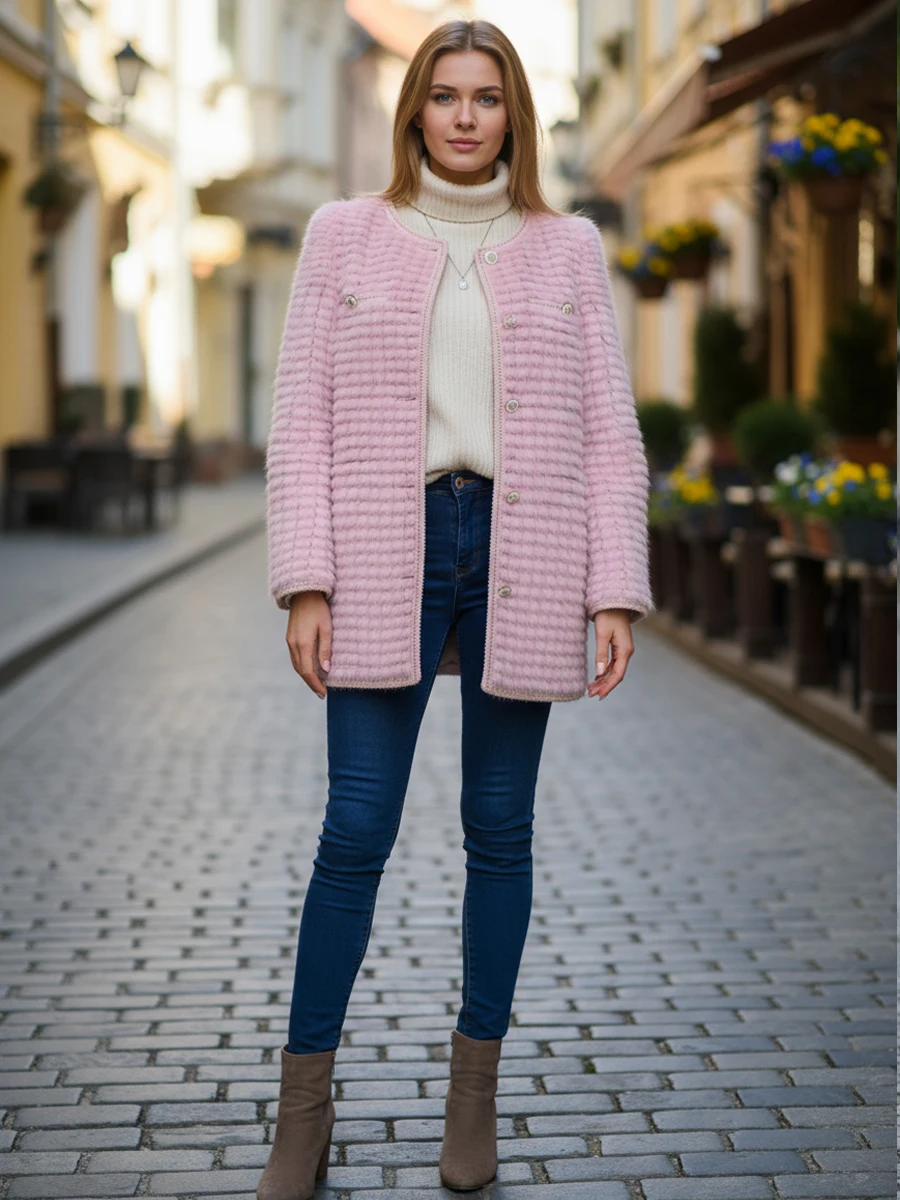 HDHOHR 2025 New Real Mink Fur Coats Women Natural Kintted Mink Coats Leather Collar Fur Jackets Winter Warm Fur Coats For Female