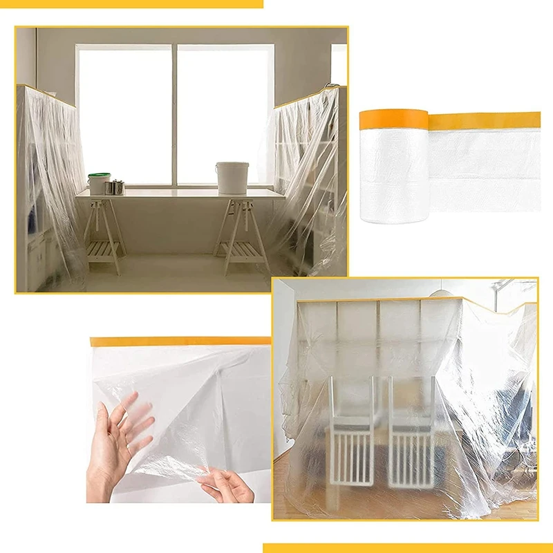 Dust Sheets Roll, Plastic Masking Film Rolls Drape Masking Film With Self-Adhesive Tape For Painting Furniture Covering