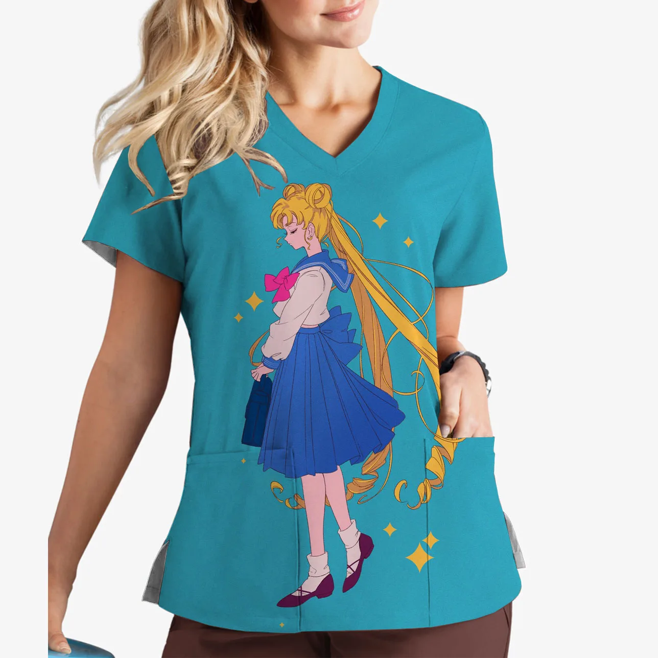 V-Neck Print Scrub Top Anime Cute Childish Pattern Print Sailor Moon Short Sleeve Nurse Uniform Girls Work Uniform