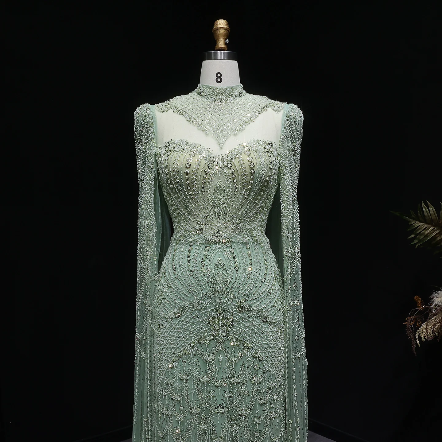 Sharon Said Elegantes Blaues Perlenbesetztes Abendkleid mit Cape-Ärmeln, Hochgeschlossenem Kragen, Arabisches Partykleid für Hochzeitsgäste SS079 Maßanfertigung – Detail 12