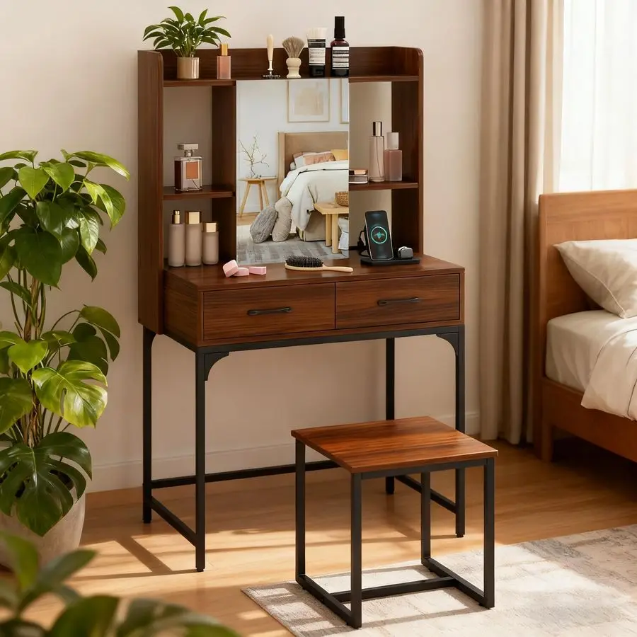 Coiffeuse industrielle avec miroir et tabouret, prise électrique intégrée, 4 étagères, 2 tiroirs de rangement, pour chambre à coucher