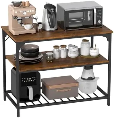 3 Tiers Kitchen Island 47.2 Inches Width Storage Counter with Large Storage Space Thick Board Top Solid Structure Shelf