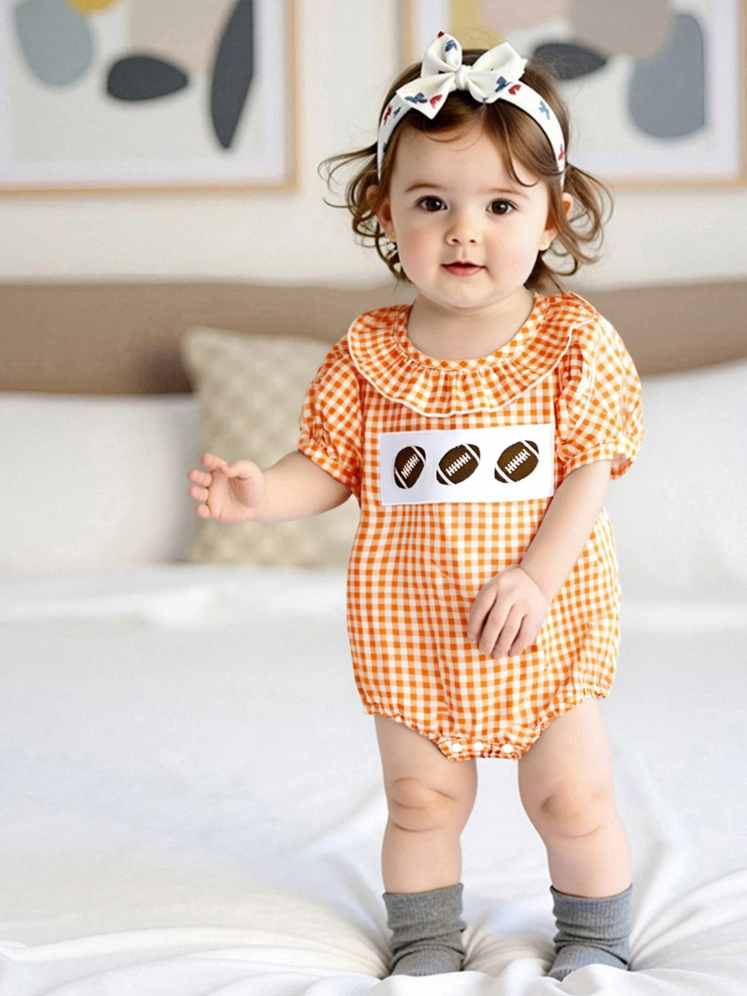 

Baby Girl Plaid Romper Summer Rugby Embroidery Short Sleeve Bubble Ruffle Jumpsuit Newborn Clothes
