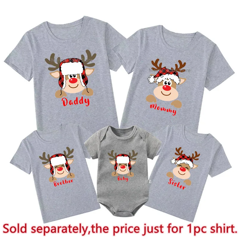 New Deer Print Family Christmas Shirts Cotton Dad Mom Brother Sister T-shirts Baby Rompers Family Look Xmas Party Tops Outfits