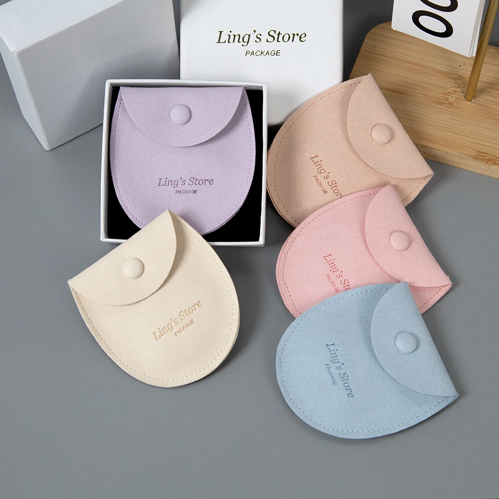 

50/100Pcs 7.8x8.5cm Personalized Logo Microfiber Ellipse Jewelry Snap Bag Wedding Favors Mini Gift Organizer Keychain Coin Pouch