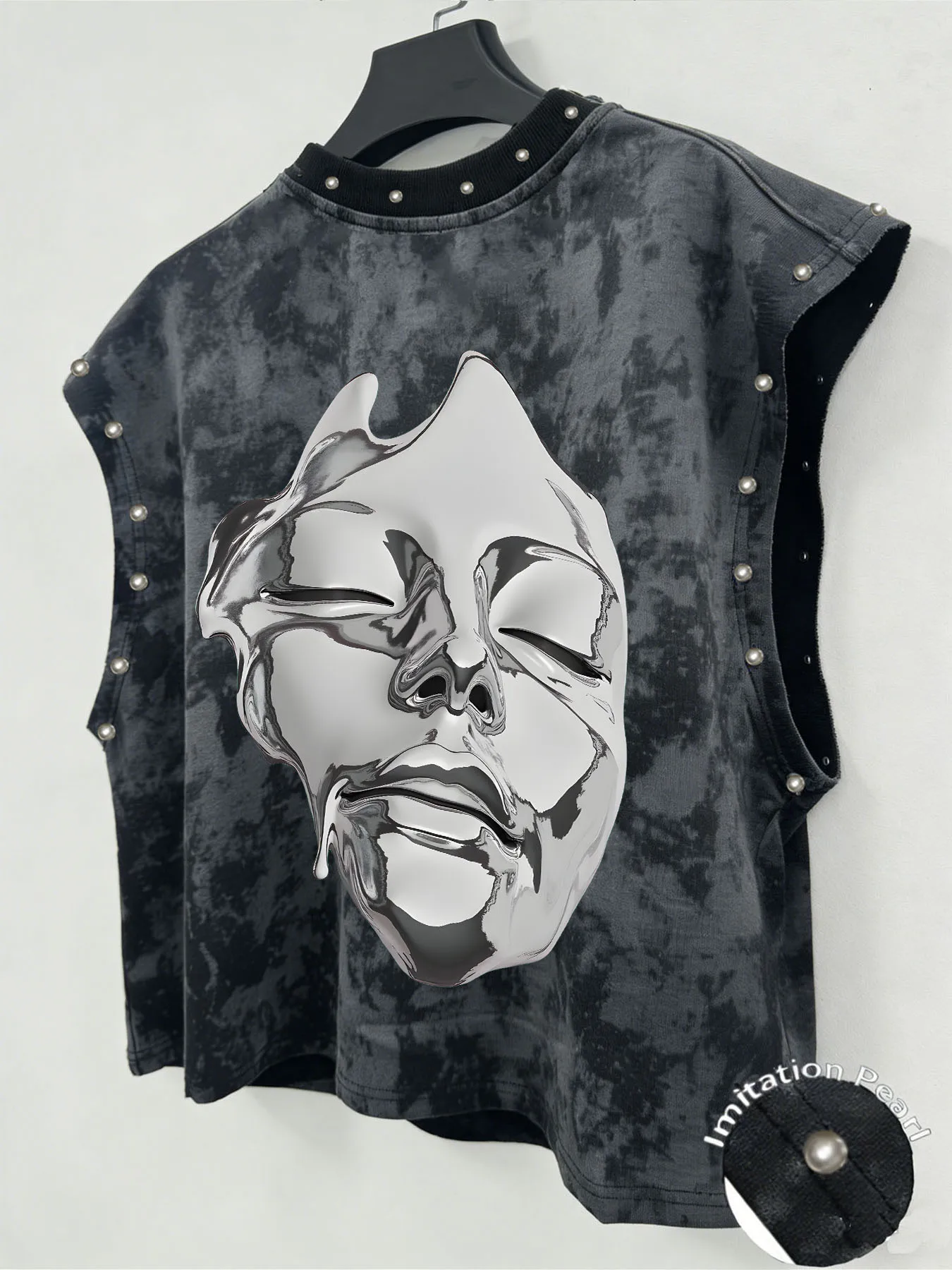 A Unisex, Retro-Style Tank Top Featuring A Metallic-Effect Face Print and Faux-Pearl Accents—Perfect for Music Festivals.