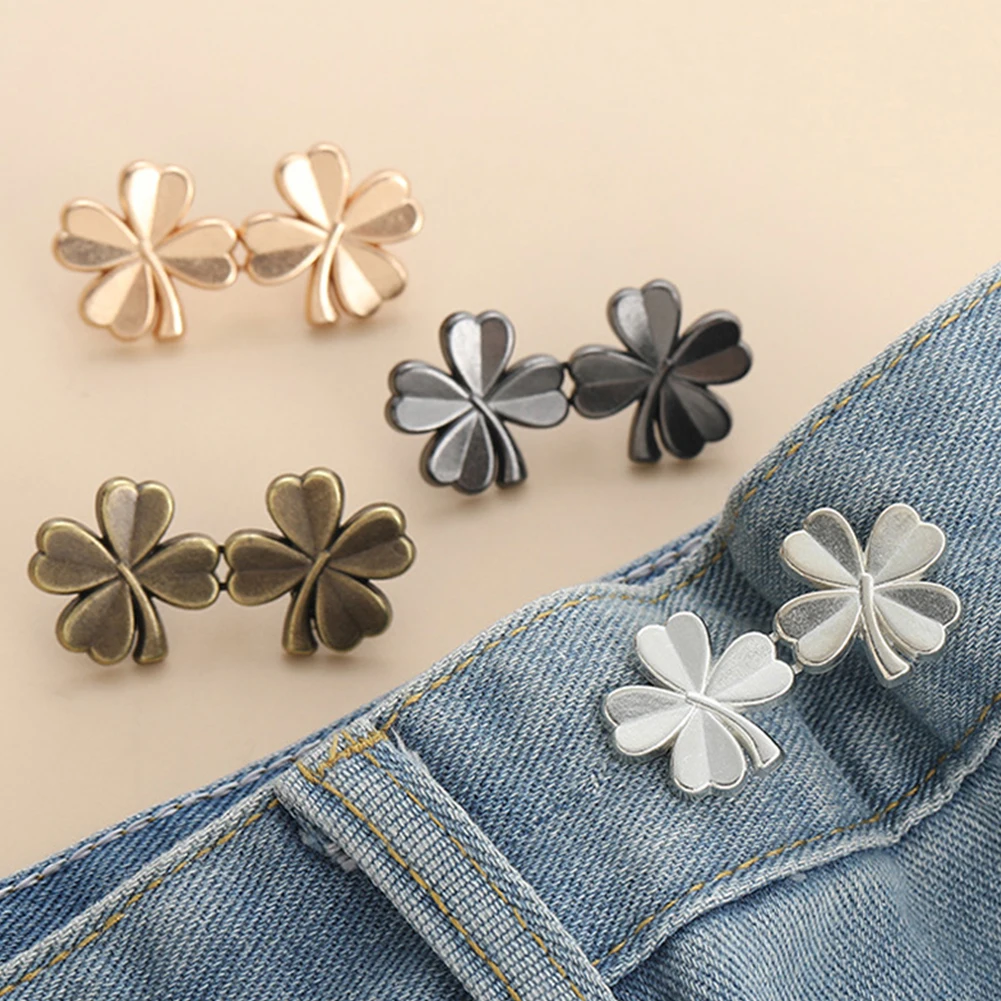 

Four Leaf Clover Shaped Clip Adjustable No Sewing Waistband Clip Decorative Button Tight Pant Skirts Waist Tightener Buckle