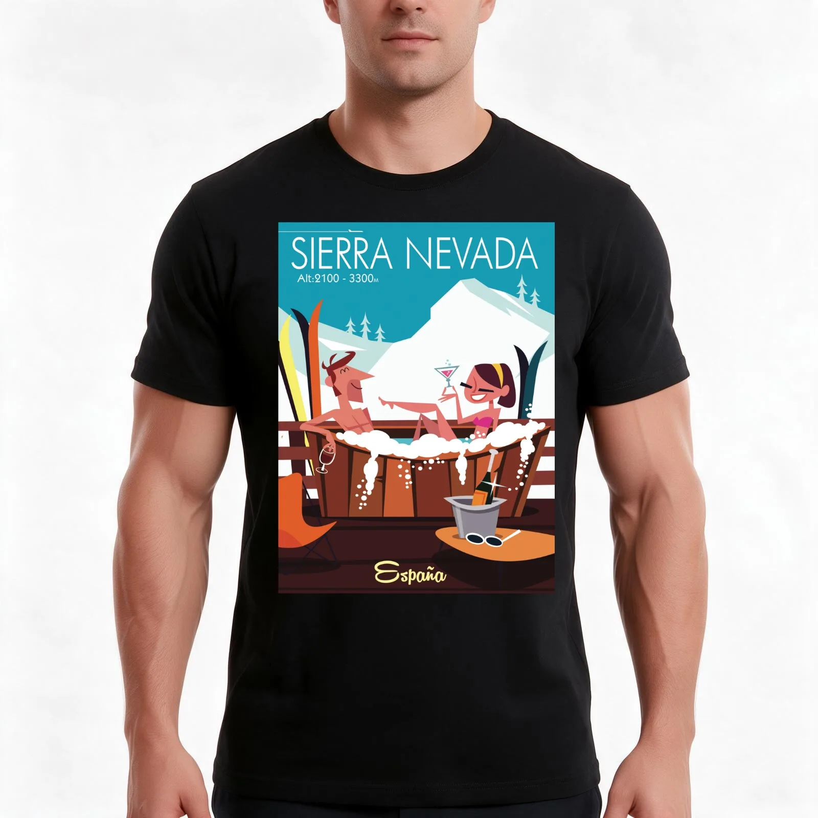 Sierra Nevada ski poster T-Shirt, Summer Casual Cotton Tee, Oversized Streetwear Tops, Vintage Graphic Print, Unisex Men Women