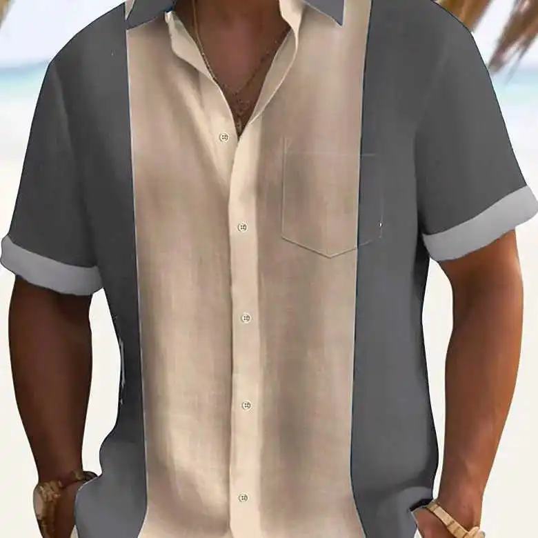 

Color Contrast Lapel ortSved irt Casual adient Design Cotton Blend Men's Faion Summer irt Cool Feeling