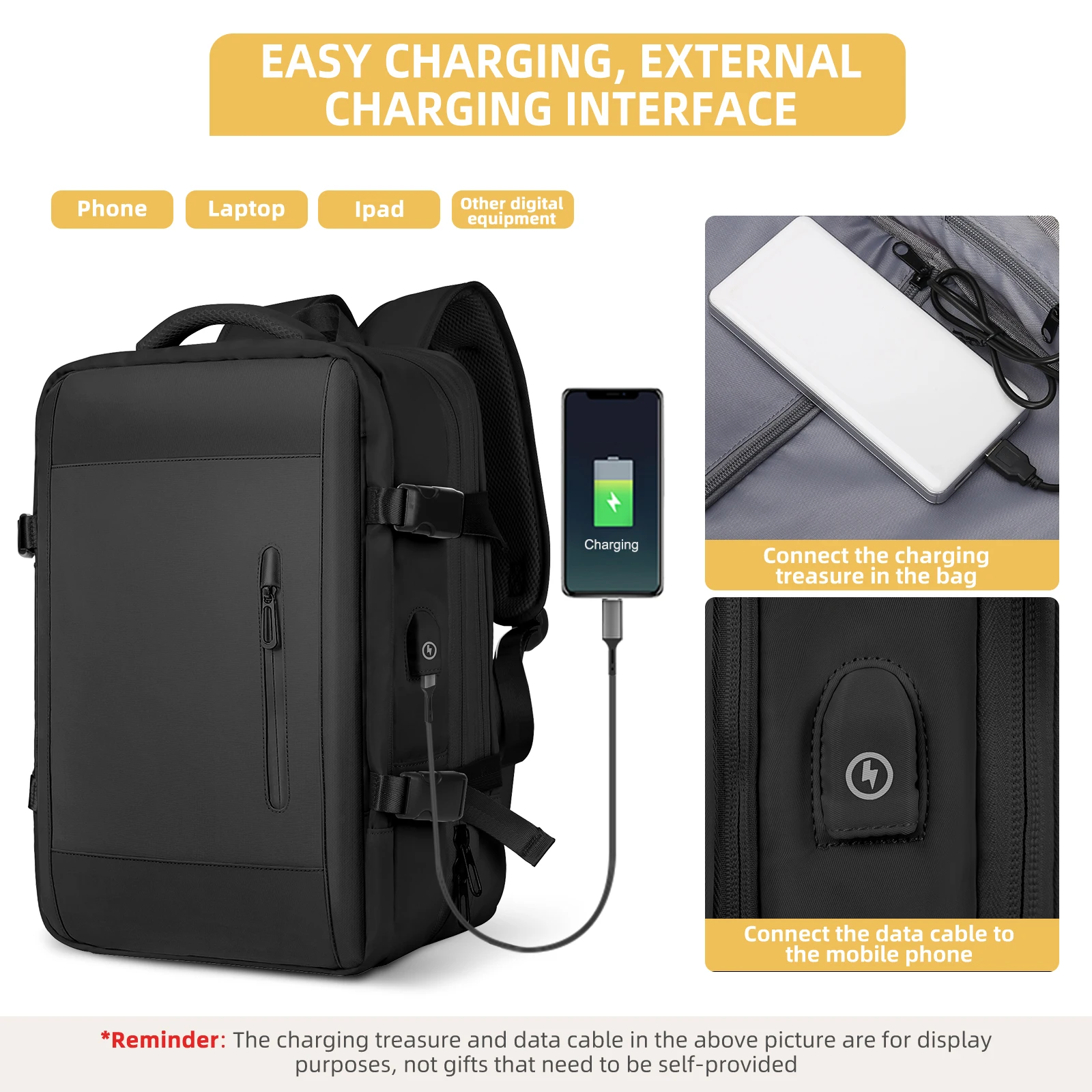 حقيبة ظهر للسفر للرجال والنساء، سعة كبيرة تحمل على حقائب ظهر مقاومة للماء وقابلة للتوسيع وحقيبة كمبيوتر محمول وحقيبة ظهر للأمتعة اليدوية