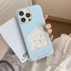 Cartoon House Shiny Cover For Iphone 16ProMax 14Pro 15Pro 13 14 15 Pro Max 12 Ins Blue Points Cute Cat Star Pendant Phone Case