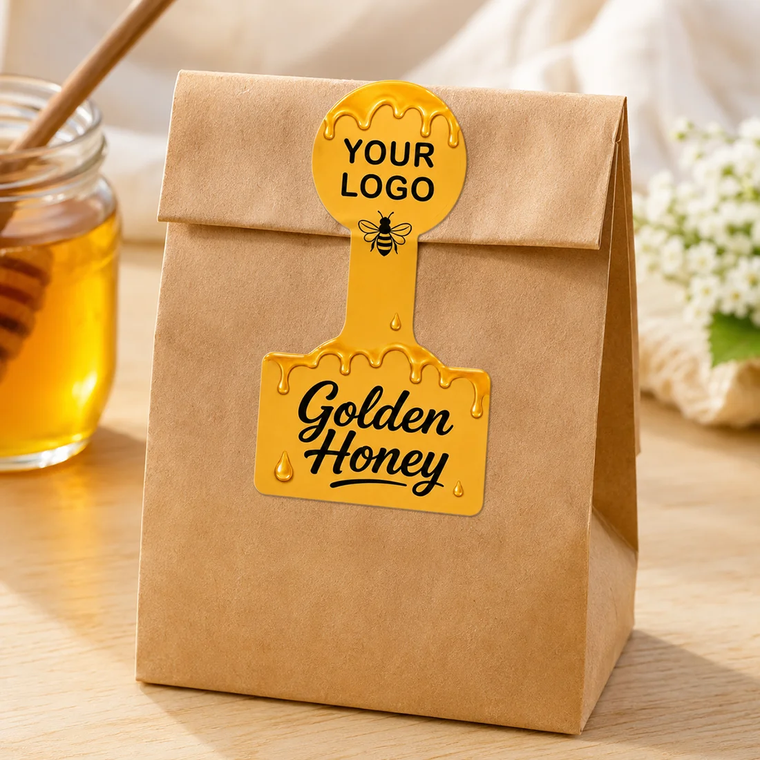 Custom honey jar sealing stickers 14x6CM can be printed with your logo, DIY handmade jam cake sealing stickers, support custom size and content, gift packaging |   Customizable labels |   Durable waterproof stickers, fun and original personalized bee label design