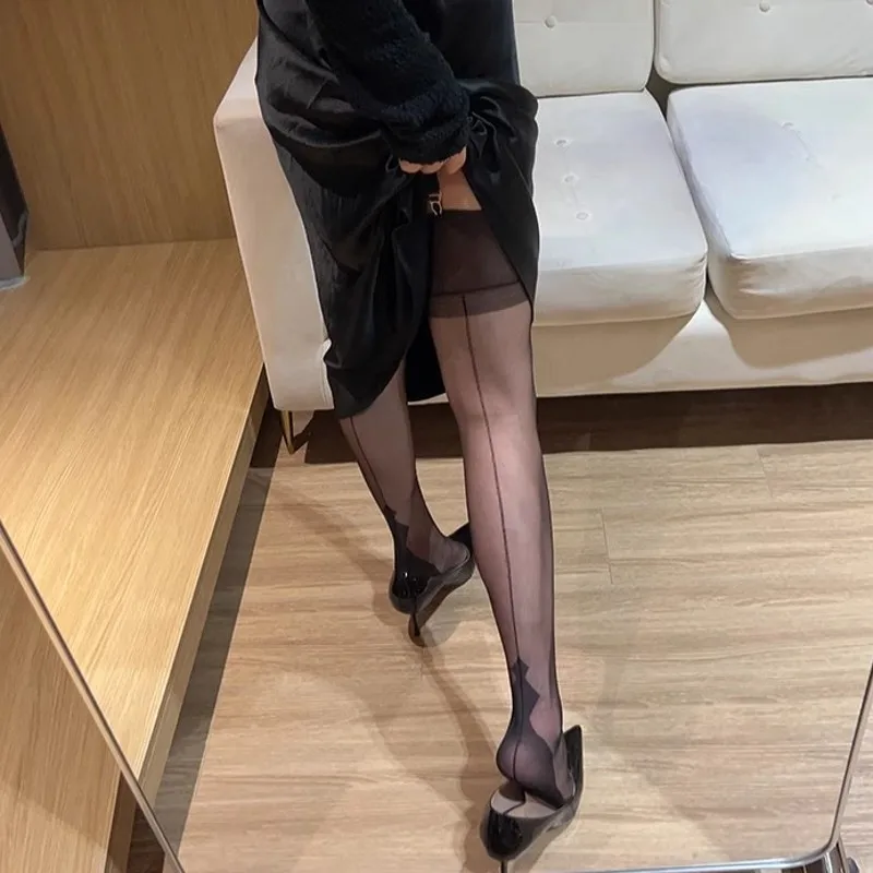 Retail Package Cuban Heel Sheer Thigh High Stockings Women Retro Back Line Style Sexy Black Stockings See Through Sexy Medias