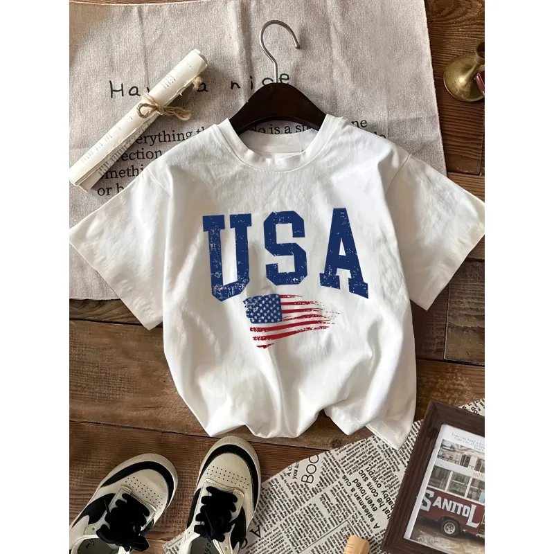 Women's Round Neck Short Sleeve T-Shirt with National Flag Letter Print