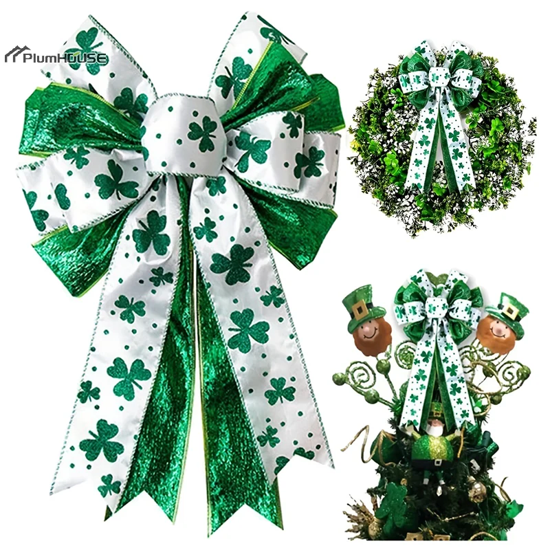 St Patricks Day Bow For Wreath Decorations St Patricks Day Tree Topper Bows Large Burlap White Green Glitter Shamrock Bowknot