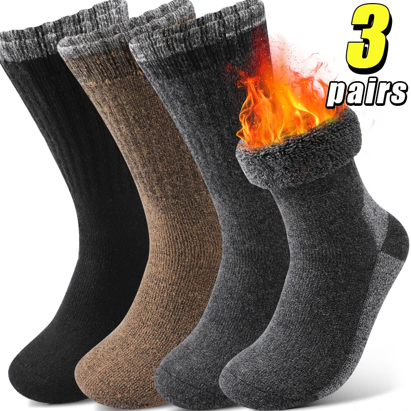 3Pairs Men's Dark Color Heavy Knit Crew Socks Winter Thermal Terry Looped Pile Outdoor Activities Sock Plush Home Floor Socks
