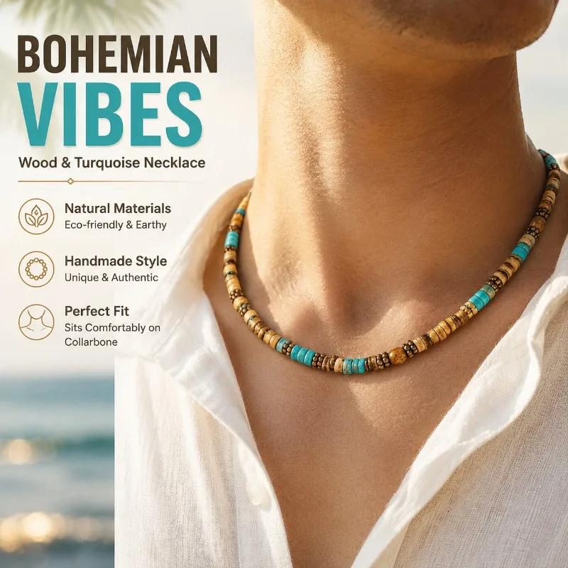 Bohemian Coconut Shell Wood Bead Turquoise Pendant Layered Short Chain Necklace Men Collarbone Jewelry