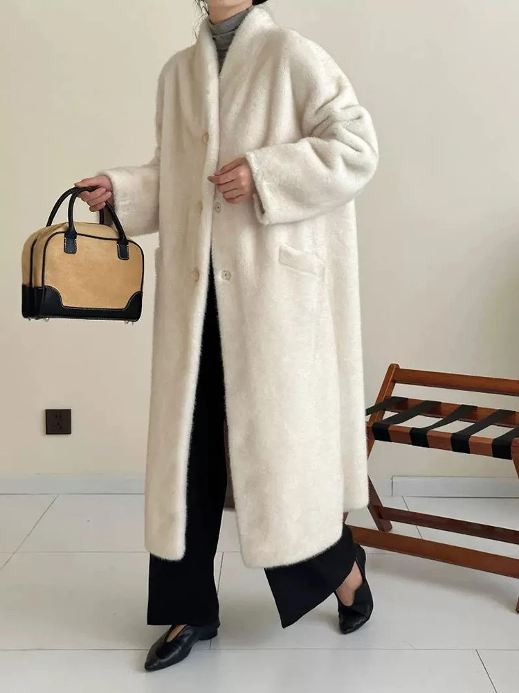 LANMREM Casual Imitation Mink Coat For Women Stand Collar Single Breatsed Solid Color Pockets Design Coats 2024 Winter New Z2627