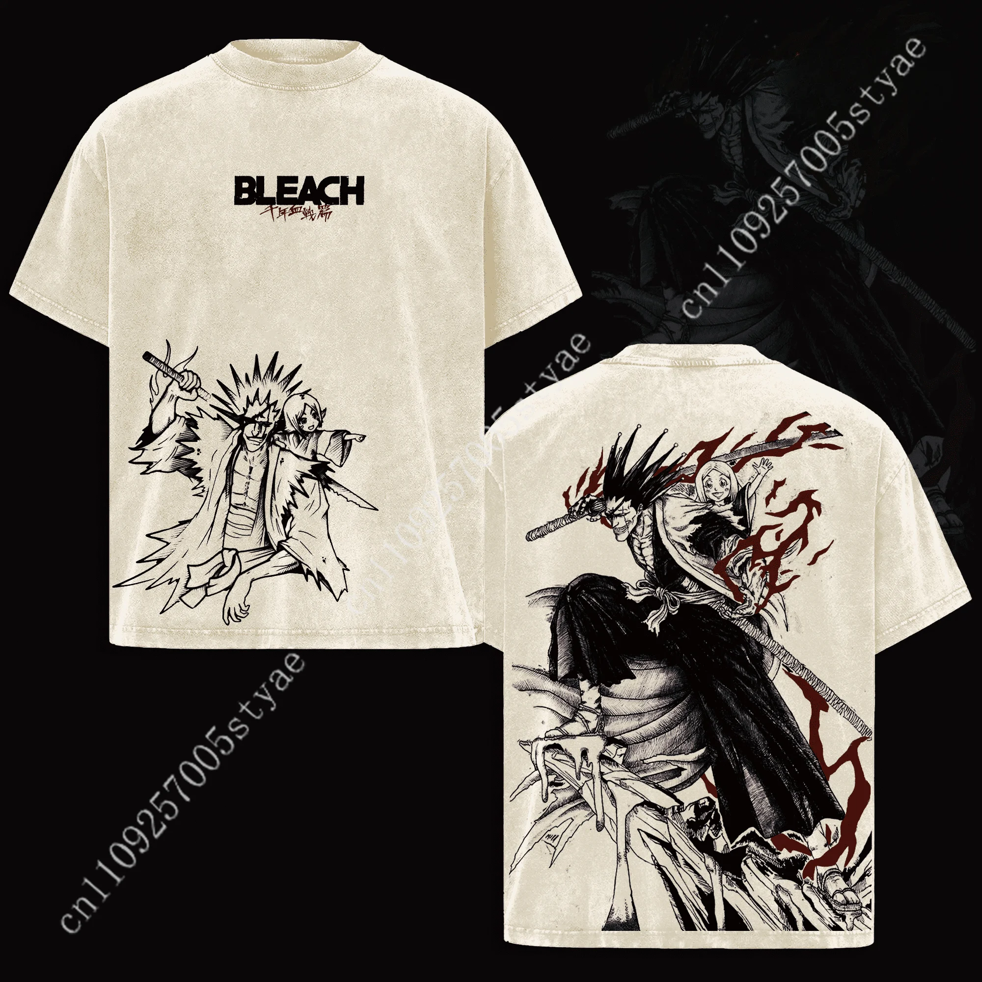 Zaraki Kenpachi BLEACH Anime T-shirt For Men's Clothing Manga Y2k Washed Oversized T Shirt High Quality Cotton Casual Tees Tops