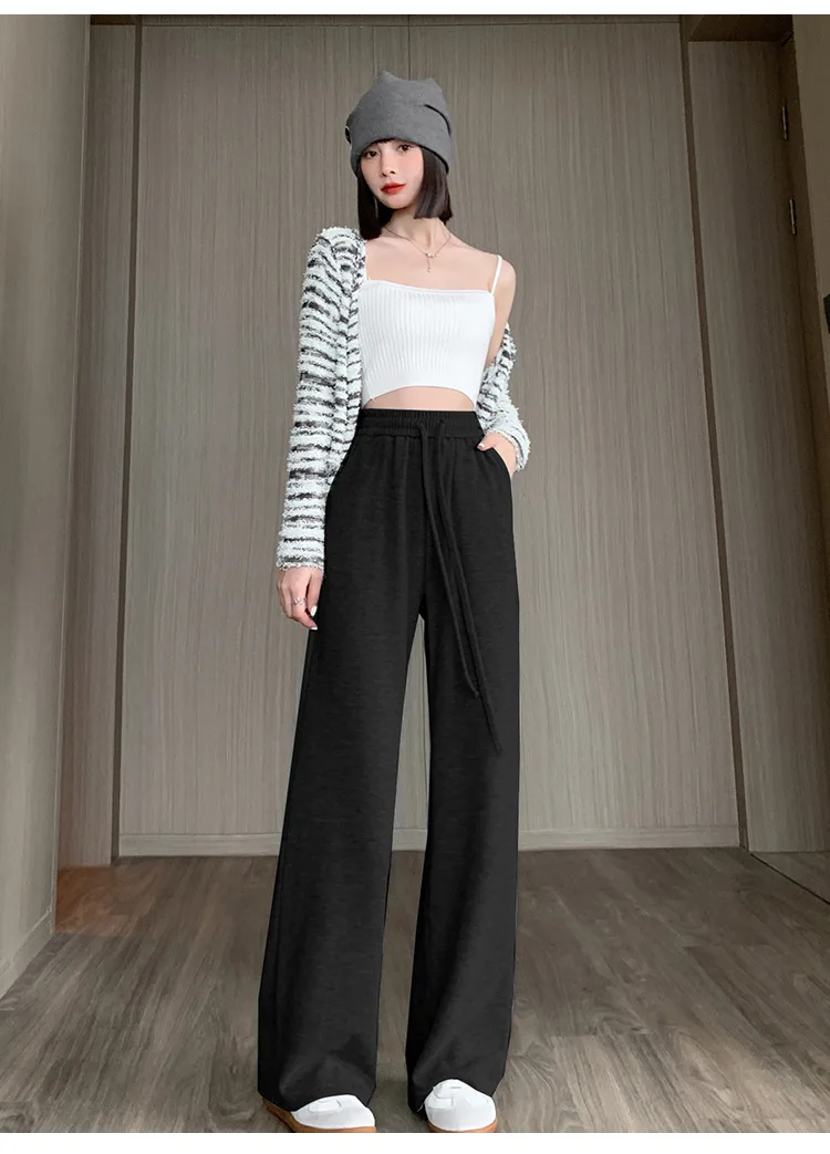 Calças de perna larga cáqui feminino verão modal solto-ajuste faixas cordão leve emendado kawaii flowy babados arejado simples