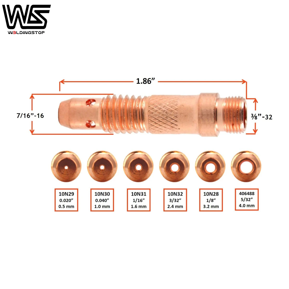 0.5/1.0/1.6/2.4/3.2/4.0mm TIG Collet Body 10N30 10N31 10N31 10N32 10N28 406488 For TIG WP17/18/26 Welding Torch Accessories