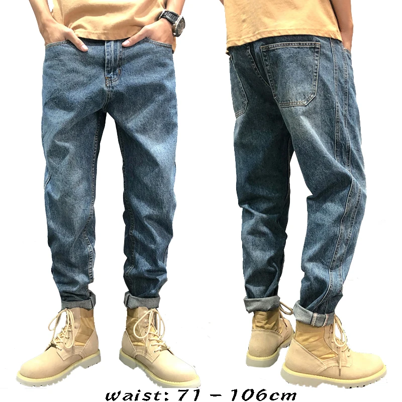 

High quality long baggy jeans for men plus size stone wash cotton denim vintage casual trousers new 2024 clothing - blue