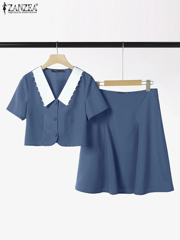 2025 ZANZEA Women Summer Dress Sets Lapel Fashion Short Sleeve Tops and Knee-length Skirts Two-piece Outfits Sweet Korean 2pcs