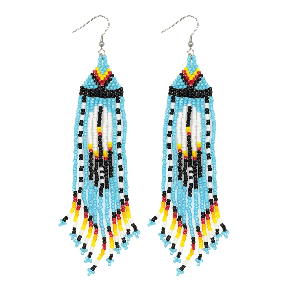 

Beaded earrings Tassel Geometry Hand knitting Design Bohemia Alloy Rainbow Gradient color Female Simple Rice bead earrings