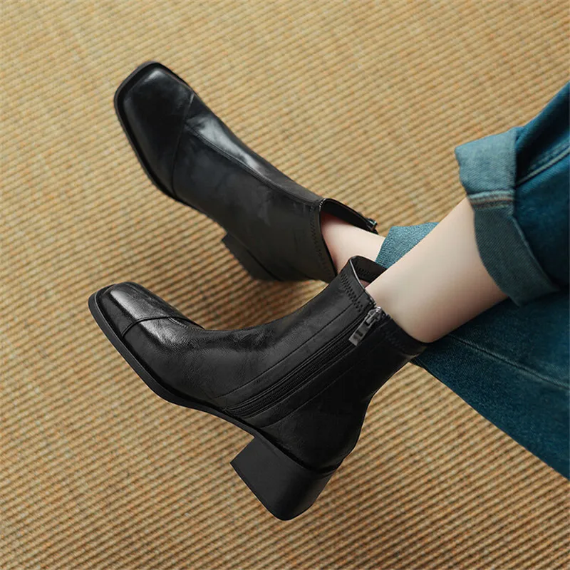 Autumn Winter Pu Leather Women Boots Fashion Square Toe Shoes for Women Short Boots Women Mujer High Heel Elastic Slimming Boots