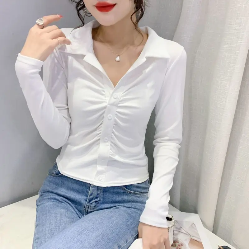 Vintage Casual Sexy Folds Solid Shirt Spring Autumn 2023 Polo-Neck V-Neck Long Sleeve Slim Single Breasted Tops Women\'s Clothing