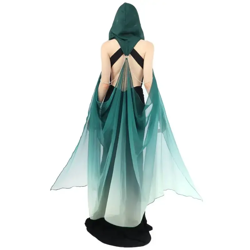 

DAZCOS Fantasy Chiffon Chian Cape with Hood Elegant Gothic Elven Hood Cape with Chains Tulle Off Shoulder Cloak for Halloween