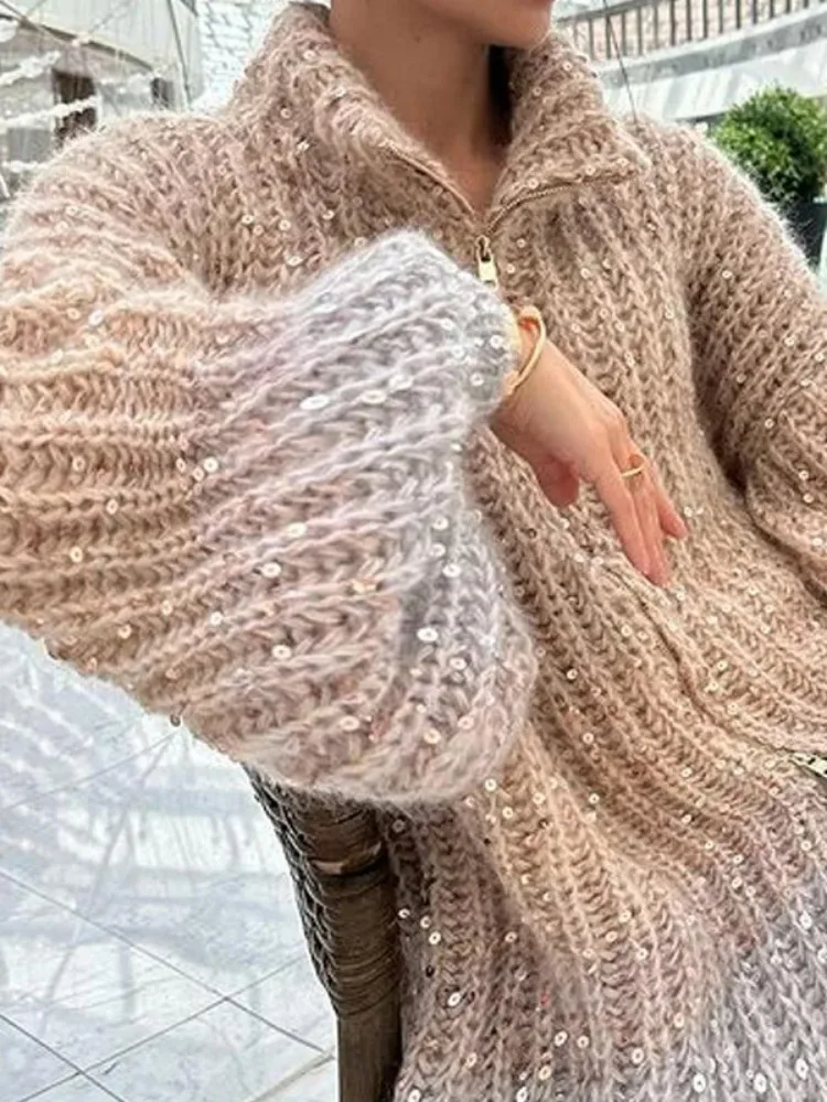 Fashionable Versatile Sweater Zipper Trendy Cardigan High-end Temperament Small Fragrance Comfortable Sequin V-neck Sweater