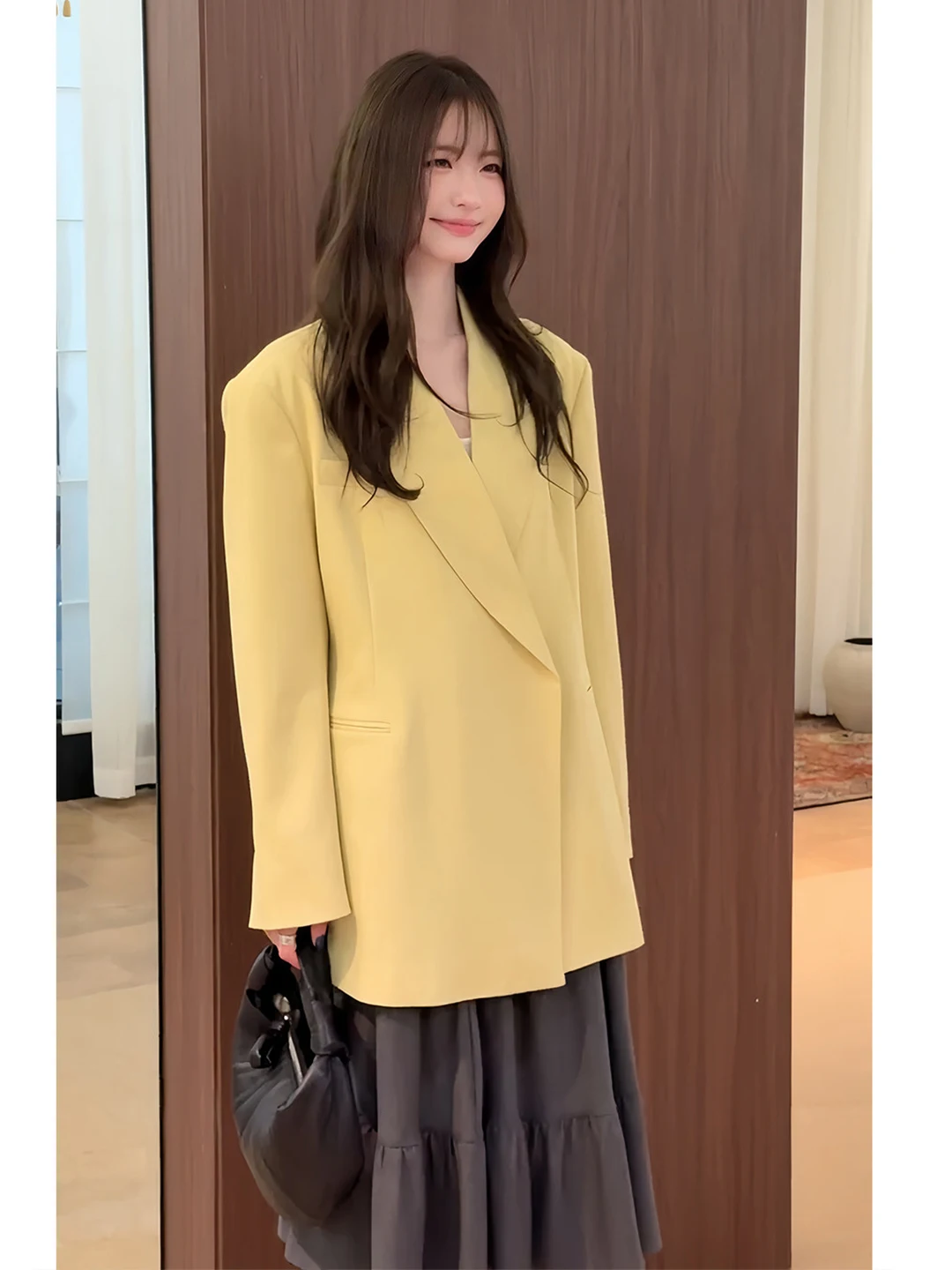 Korean Style Women's Suit Jacket Waist-Cinching Midi Coat Simple Commute Style Autumn 2026 New Elegant Minimalist Outerwear