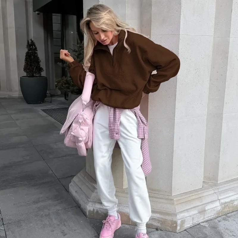 Felpa con cappuccio pullover allentata autunno inverno stile europeo americano da donna tinta unita minimalista versatile mezza zip in pile