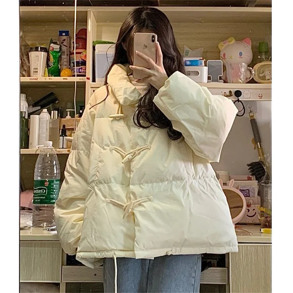 Winter New Thick Cow Horn Button Bread Jacket Female Student Cotton Jacket Korean Version Loose Cotton Jacket Fashionable