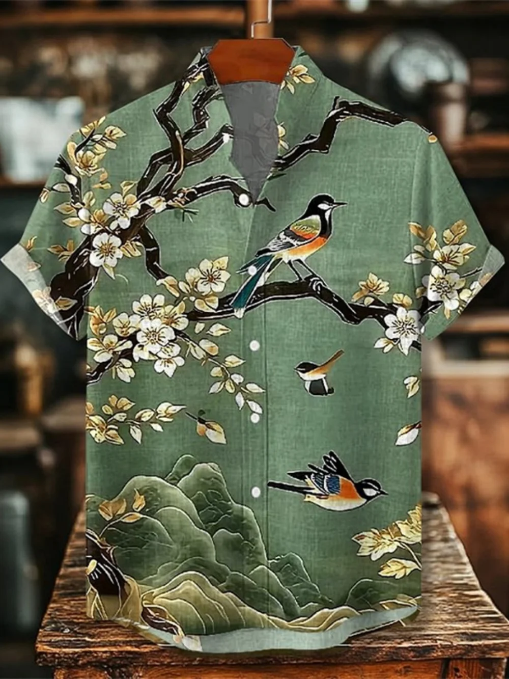 

Men's Japanese Samurai Printed Linen Shirt Short Sleeve Button up Collar Hawaiian Beach Breathable Casual Clothing