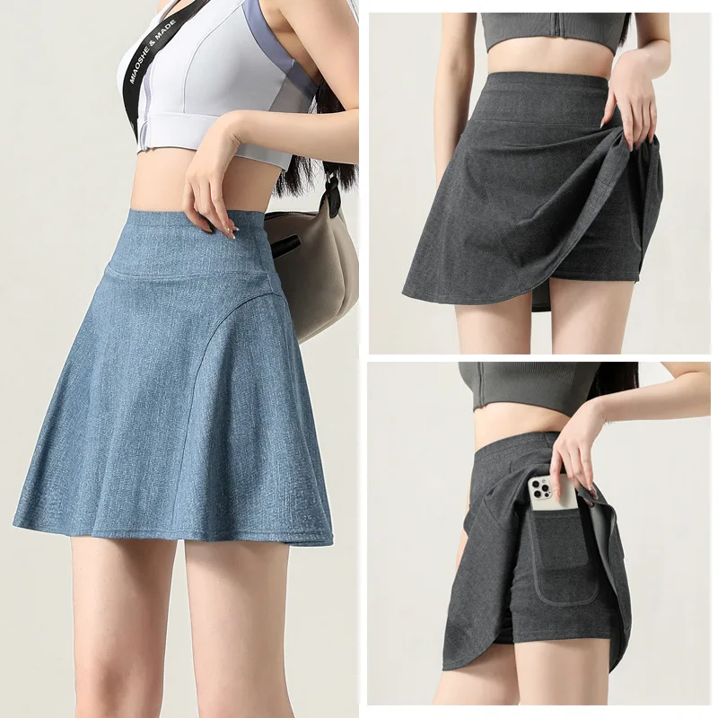 Fake Two-Piece Sports Short For Women, Summer Thin Denim Breathable Anti-Exposure Fitness Badminton Yoga Half Pants Skirt