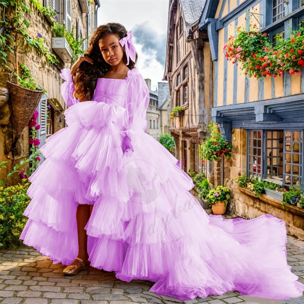 Prinzessinnen-Blumenmädchenkleid für Hochzeiten, Tüll, transparent, volle Ärmel, asymmetrische Länge, für Kindergeburtstage und Kommunion