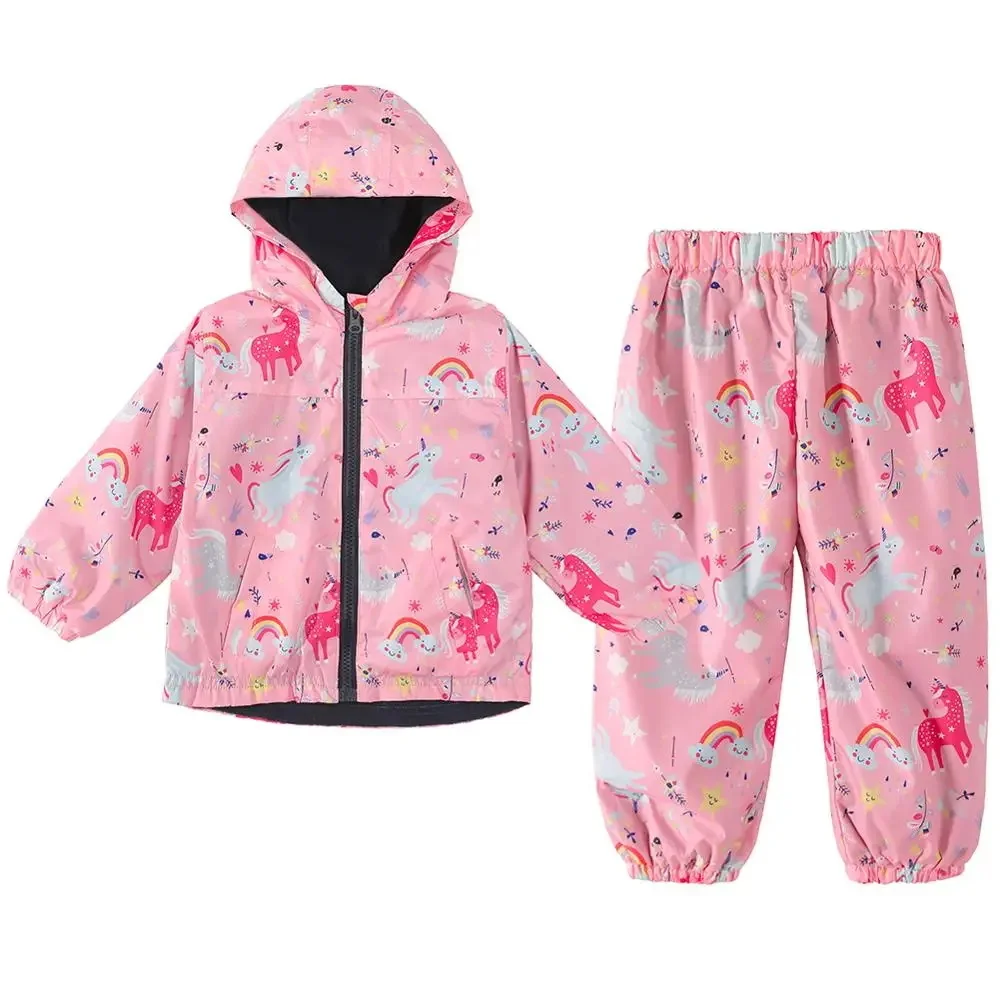 Boys and Girls Cartoon Print Rainwear Coat+Pants Fleece Inside 2Pcs Waterproof Sets for Children Cute Dinosaur Unicorn Raincoat