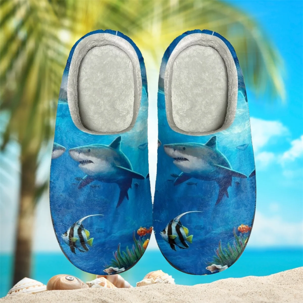 Blue Sea Fierce Animal Print Unisex Autumn Winter Home Cotton Slipper Lightweight Art Casual Breathable Plush Shoes New Fashion