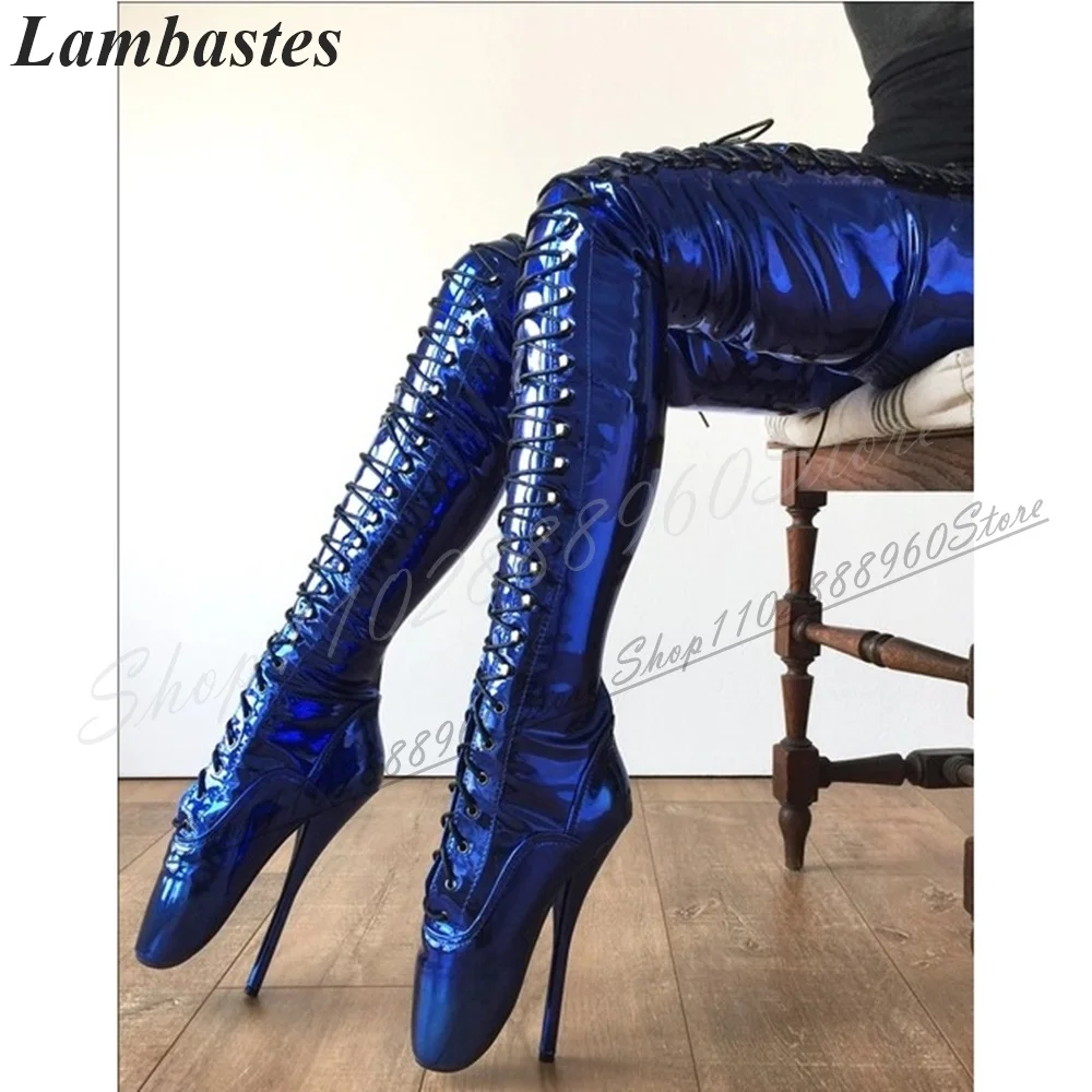 

Thigh High Blue Patent Leather Luxury Boots Thin High Heel Shoes For Women Cross Tied Round Toe 2024 Fashion Zapatillas Mujer