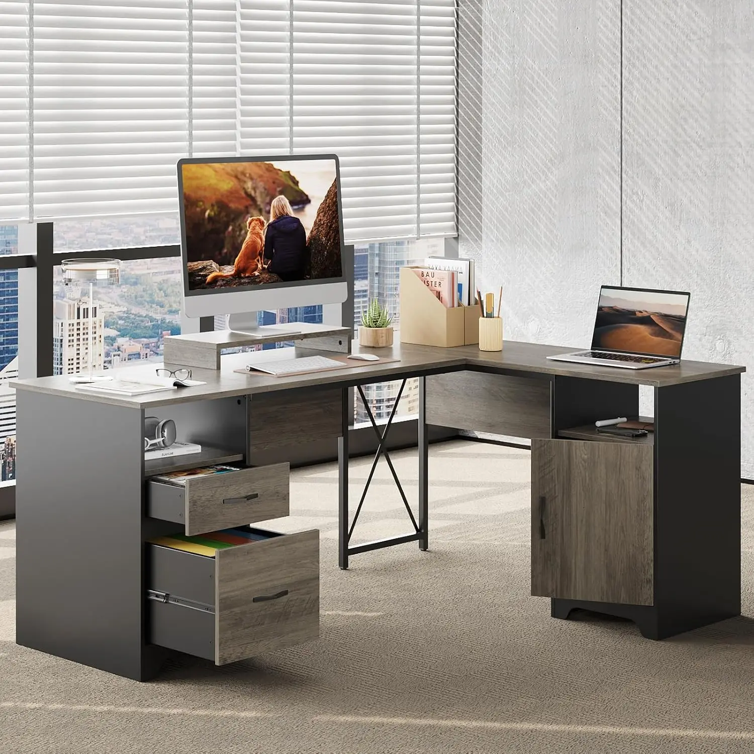 L Shaped Office Desk with File Drawers Storage Cabinet Monitor Stand 63