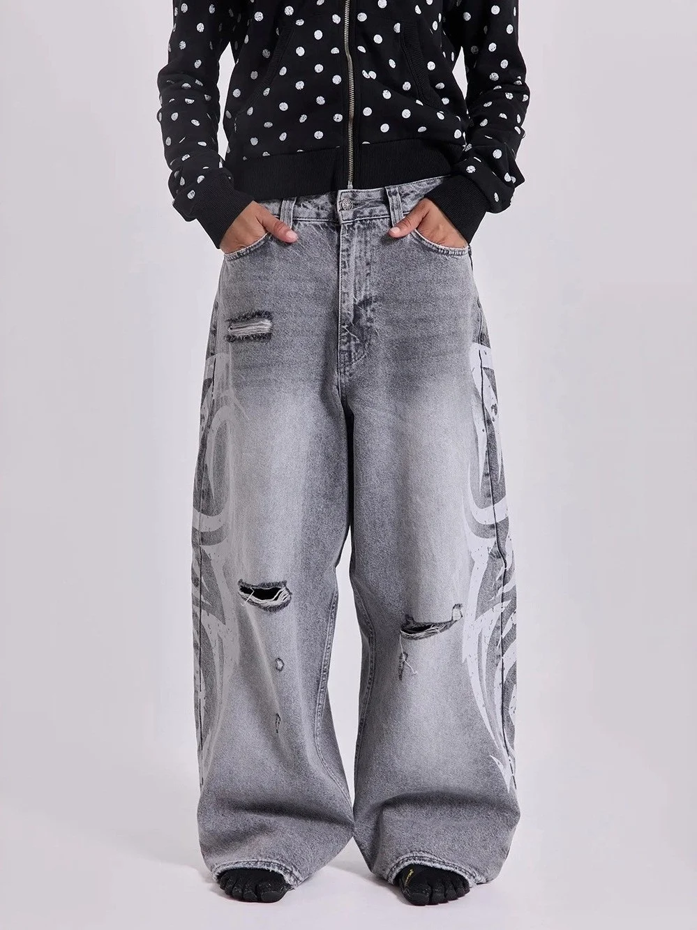 Trendy Men's Distressed Wide Leg Jeans Printed Loose Fit Casual Cotton Straight Cut Full Size Fashion Street Style