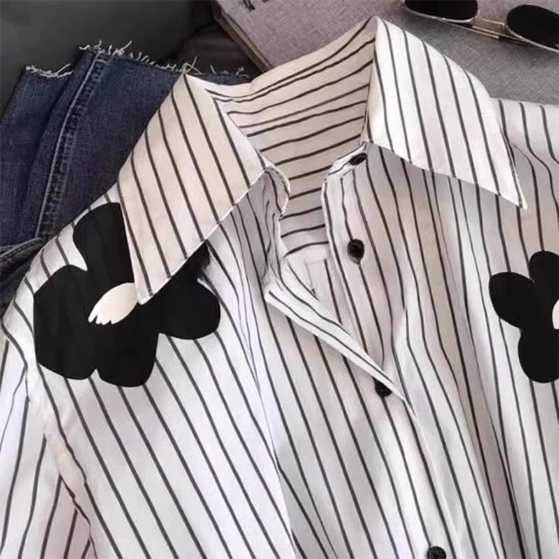 Chemise ample et chemisier à manches longues, col rabattu, rayures florales, nouveau dans les vêtements, haut décontracté, simple boutonnage, bureau, dame, blanc