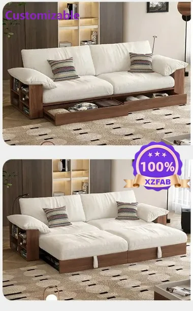 Factory Direct 2026 Folding dual-purpose sofa bed retro style living room small apartment fabric storage solid wood sofa