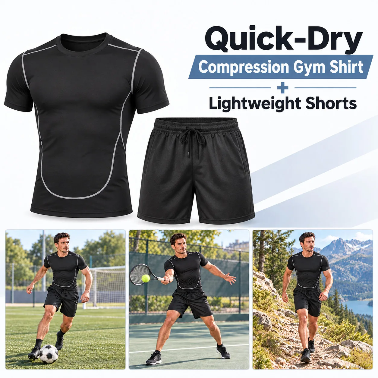 Men’s Quick-Dry Compression Workout Set, Short Sleeve Tight Training Shirt and Lightweight Sports Shorts for Running, Football
